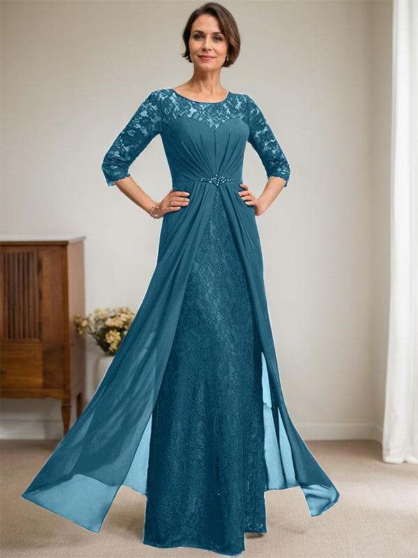 A-Line Scoop Neck Illusion Floor-Length Lace Chiffon Mother of the Bride Dress with Beaded Ruffles