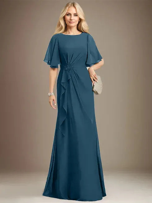 A-Line Scoop Floor-Length Chiffon Mother of the Bride Dress with Cascading Ruffles, Beading, and Sequins