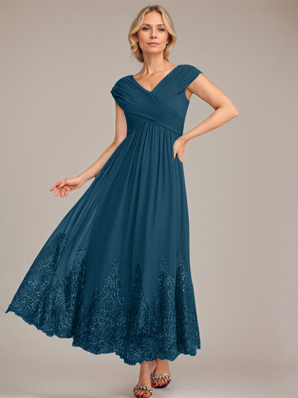 A-Line V-Neck Chiffon Mother of the Bride Dress with Appliqué and Sequins, Ankle-Length