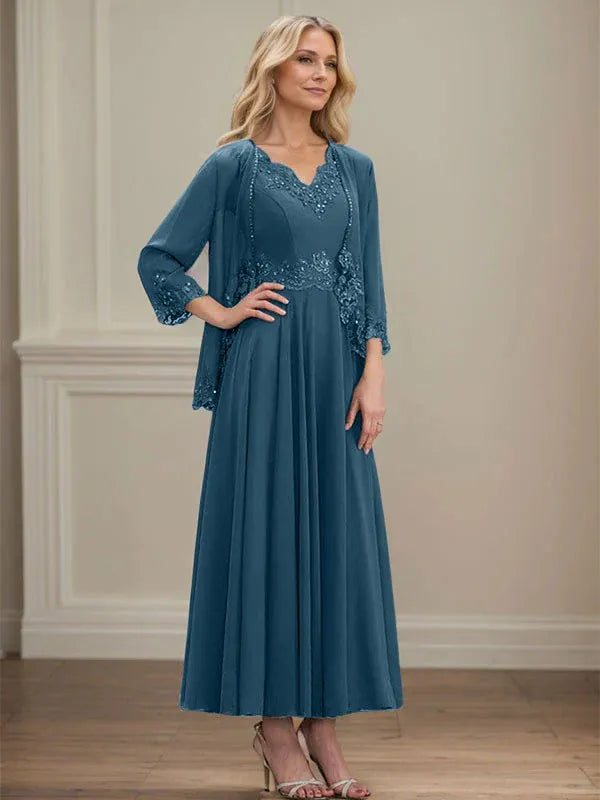 A-Line V-Neck Chiffon Mother of the Bride Dress with Sequins, Appliques, Lace, and Beading at Ankle Length