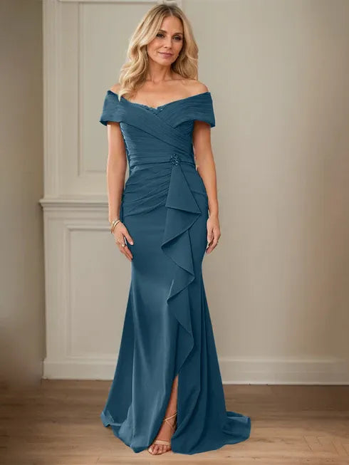 Floor-Length Lace and Chiffon Mother of the Bride Dress with Sheath/Column V-Neck Illusion and Pleated Sequins