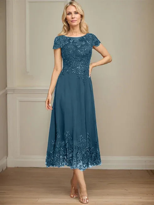 A-Line Illusion Scoop Tea-Length Lace Chiffon Mother of the Bride Dress with Sequins