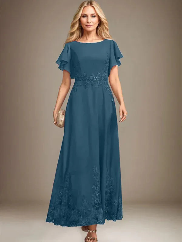 A-Line Scoop Neck Ankle-Length Lace and Chiffon Mother of the Bride Dress with Sequins