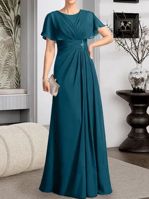 A-Line Scoop Neck Floor-Length Chiffon Mother of the Bride Dress with Pleated Beading