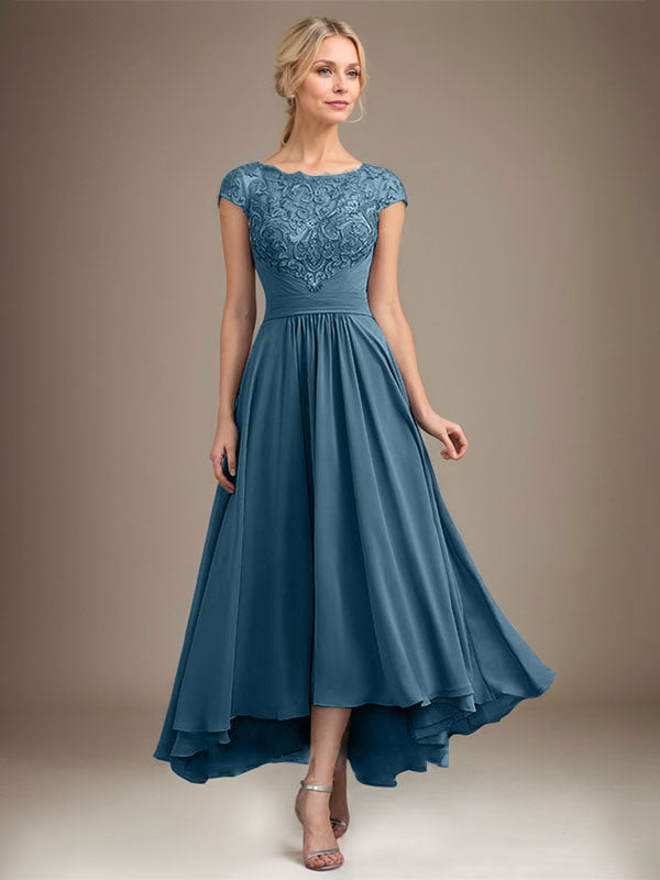 A-Line Scoop Neck Illusion Asymmetrical Lace Chiffon Mother of the Bride Dress with Pleats