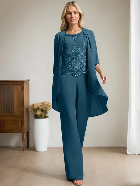 Floor-Length Chiffon Lace Mother of the Bride Jumpsuit/Pantsuit with Scoop Neck, Beading, and Sequins