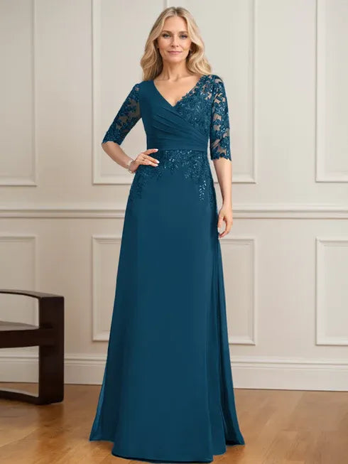A-Line V-Neck Floor-Length Lace and Chiffon Mother of the Bride Dress with Pleated Sequins