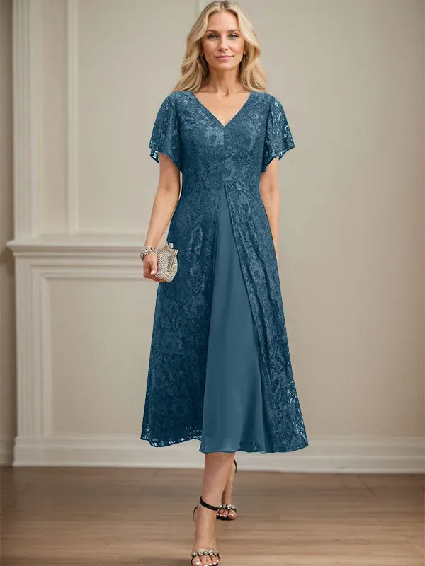 A-Line V-Neck Tea-Length Lace Chiffon Mother of the Bride Dress