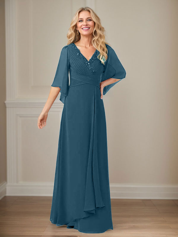 A-Line V-Neck Long Sequin Chiffon Mother of the Bride Dress