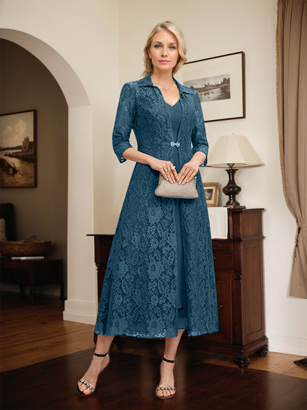 A-Line V-Neck Tea-Length Chiffon Mother of the Bride Dress