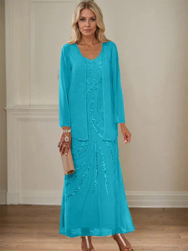 V-Neck Sheath/Mother of the Bride Ankle-Length Dress with Jacket & Sequins