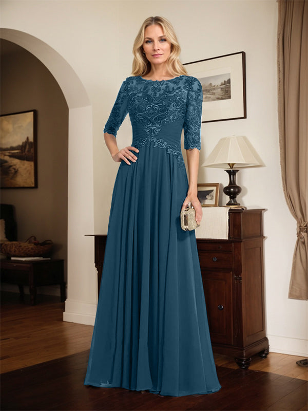 A-Line Scoop Neck Illusion Floor-Length Chiffon and Lace Mother of the Bride Dress with Pleated Sequins
