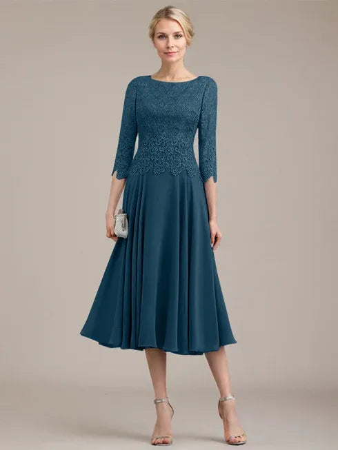 A-Line Scoop Neck Tea-Length Lace Chiffon Mother of the Bride Dress