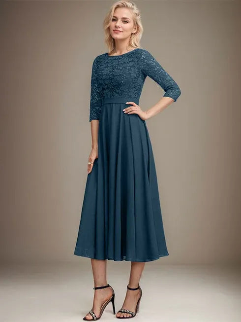 A-Line Scoop Neck Tea-Length Lace Chiffon Mother of the Bride Dress with Sequins
