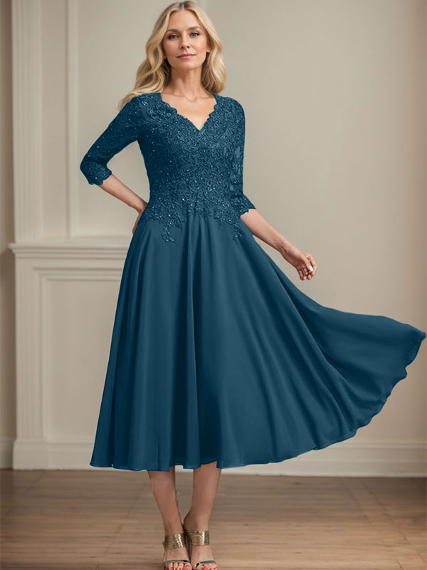 A-Line V-Neck Tea-Length Chiffon and Lace Mother of the Bride Dress with Beading and Sequins