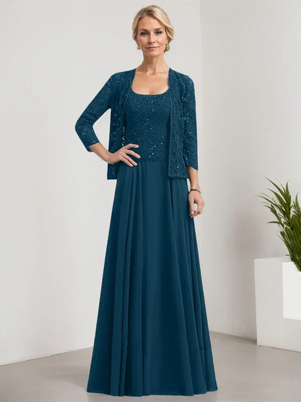 A-Line Square Neck Floor-Length Lace and Chiffon Mother of the Bride Dress with Sequins