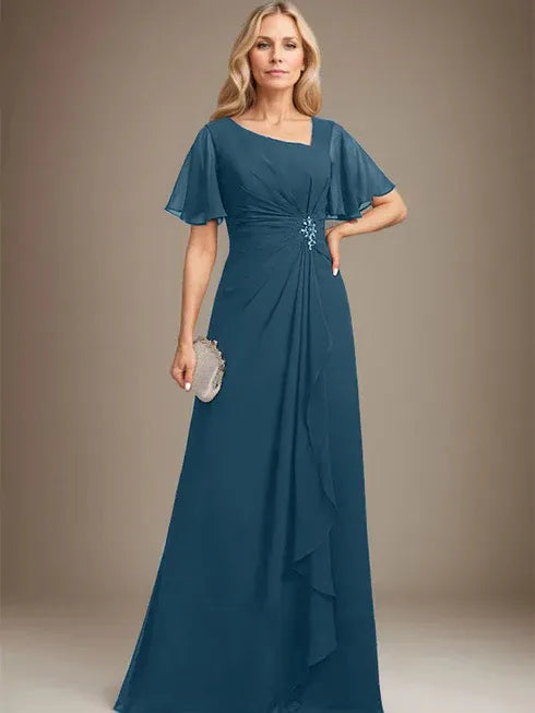 A-Line Asymmetrical Floor-Length Chiffon Mother of the Bride Dress with Pleated Beading and Sequins