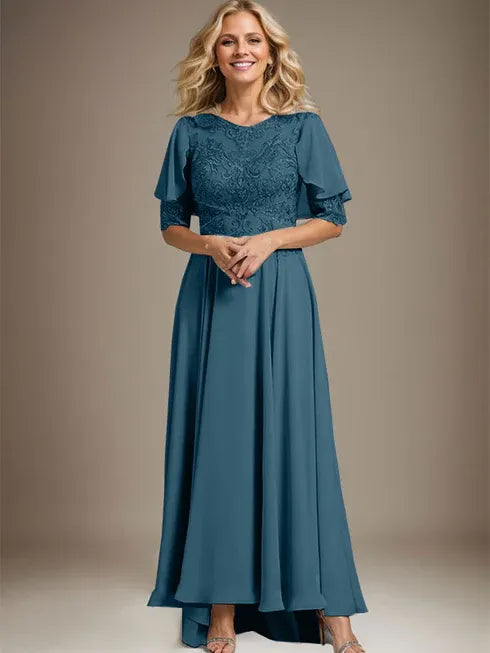 A-Line Scoop Neck Illusion Asymmetrical Chiffon and Lace Mother of the Bride Dress with Beading