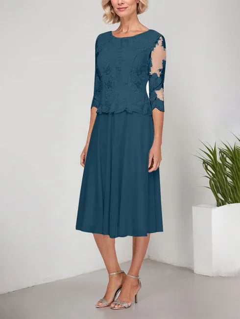 A-Line Scoop Neck Tea-Length Lace Chiffon Mother of the Bride Dress with Embroidery