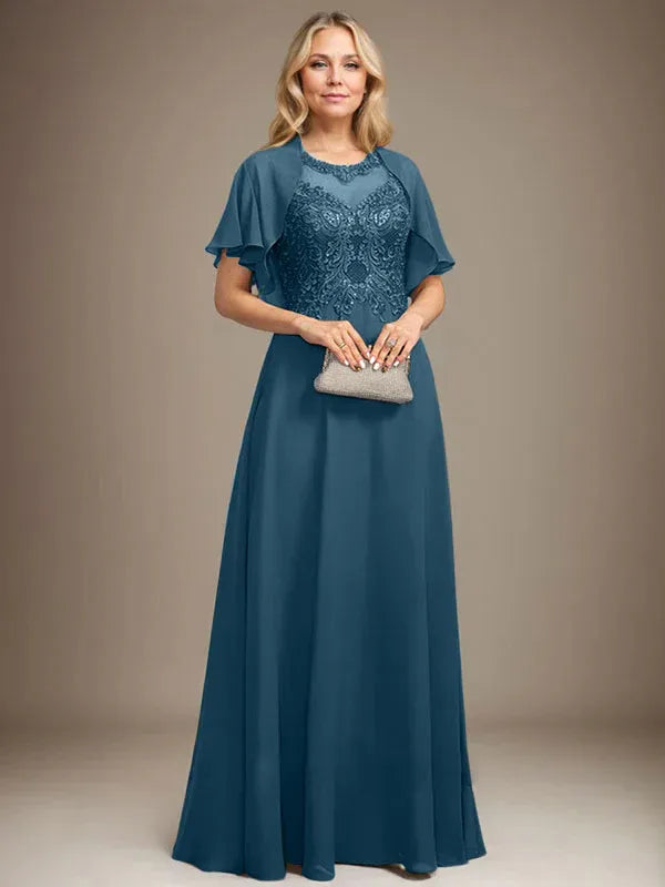A-Line Scoop Neck Illusion Floor-Length Lace Chiffon Mother of the Bride Dress with Sequins