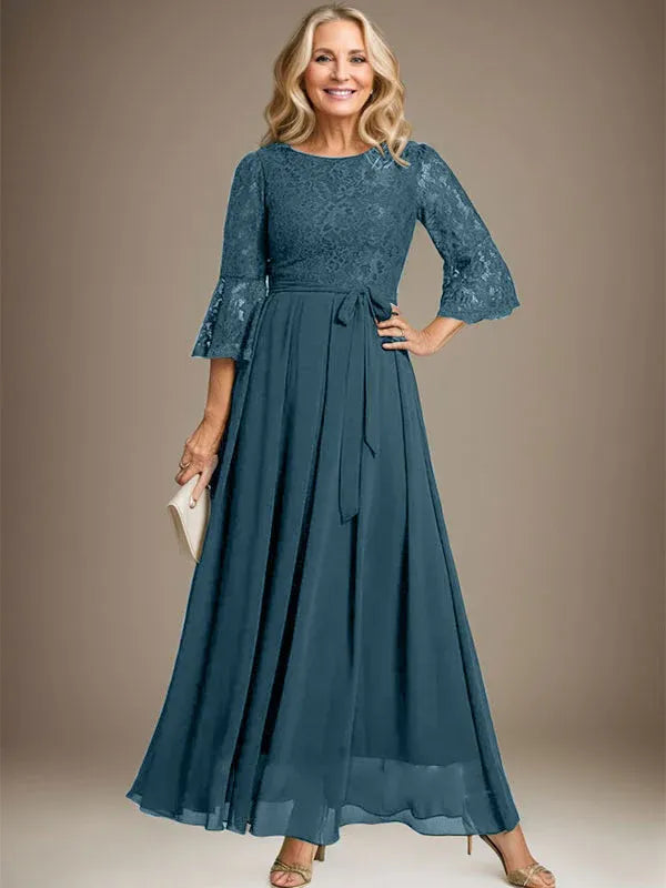 A-Line Scoop Neck Ankle-Length Lace Chiffon Mother of the Bride Dress with Bow