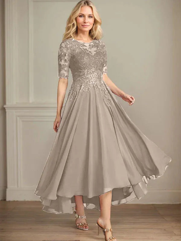 A-Line Scoop Neck Illusion Asymmetrical Chiffon and Lace Mother of the Bride Dress with Sequins