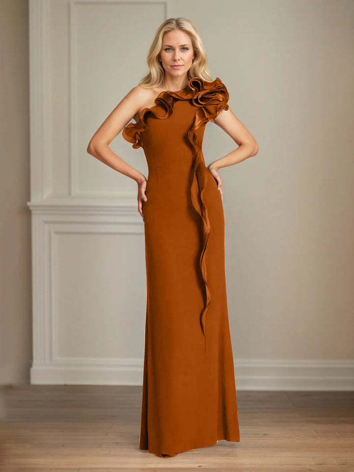 Navy Stretch Crepe One-Shoulder Sheath Dress with Ruffles – Floor-Length Mother of the Bride Gown