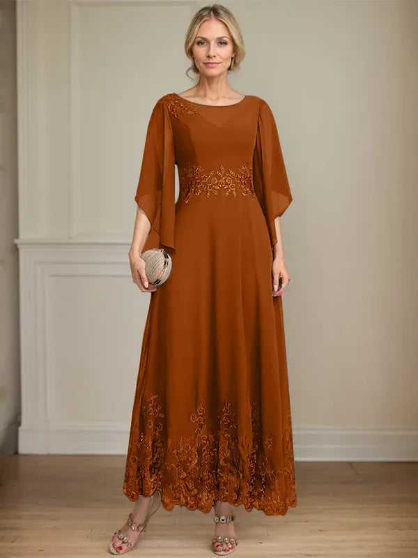 A-Line Scoop Neck Illusion Lace Chiffon Mother of the Bride Dress with Sequins and Ankle-Length Hem