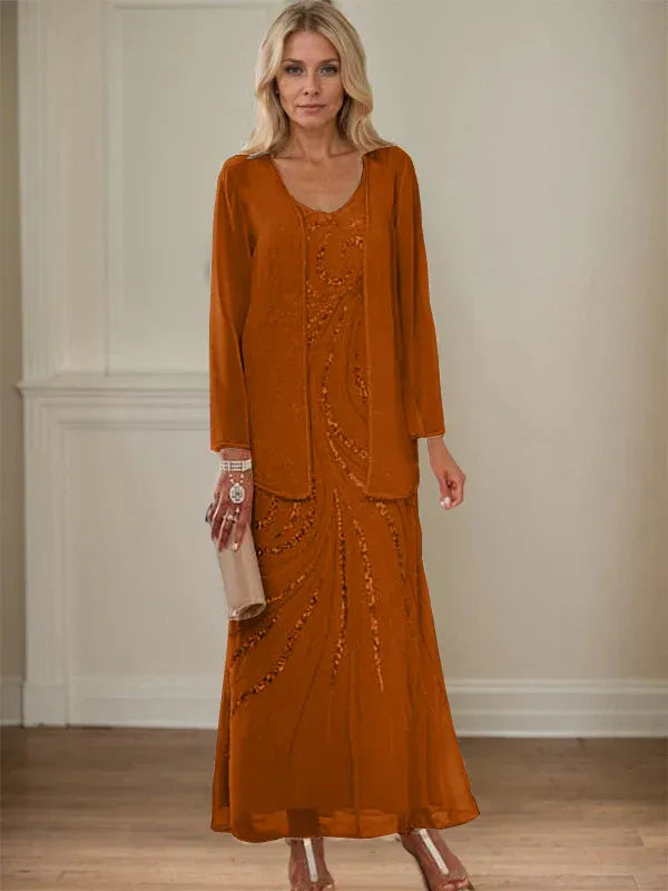 V-Neck Sheath/Mother of the Bride Ankle-Length Dress with Jacket & Sequins