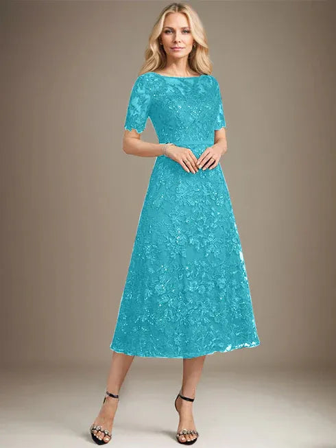 A-Line Scoop Neck Illusion Tea-Length Lace Mother of the Bride Dress with Sequins