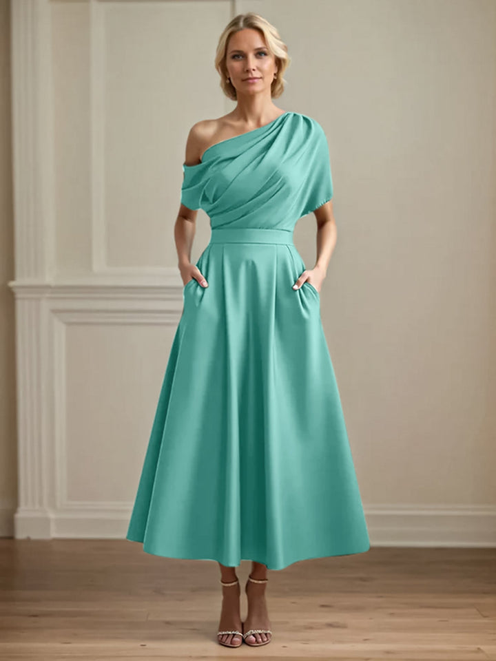 One-Shoulder Satin A-Line Pleated Ankle-Length Mother of the Bride Dress