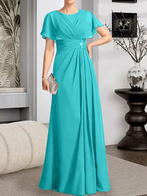 A-Line Scoop Neck Floor-Length Chiffon Mother of the Bride Dress with Pleated Beading