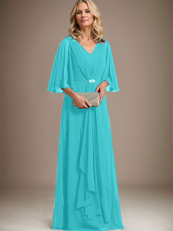 A-Line V-Neck Floor-Length Chiffon Mother of the Bride Dress with Cascading Ruffles and Crystal Brooch