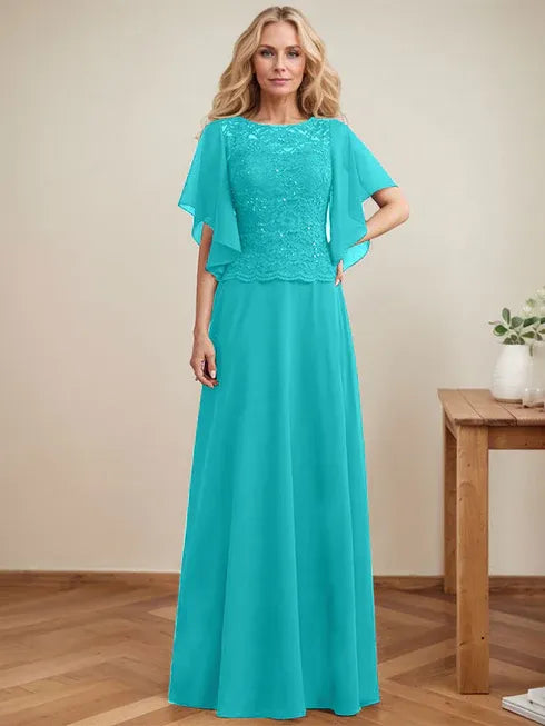 A-Line Scoop Neck Illusion Floor-Length Lace Chiffon Mother of the Bride Dress with Sequins