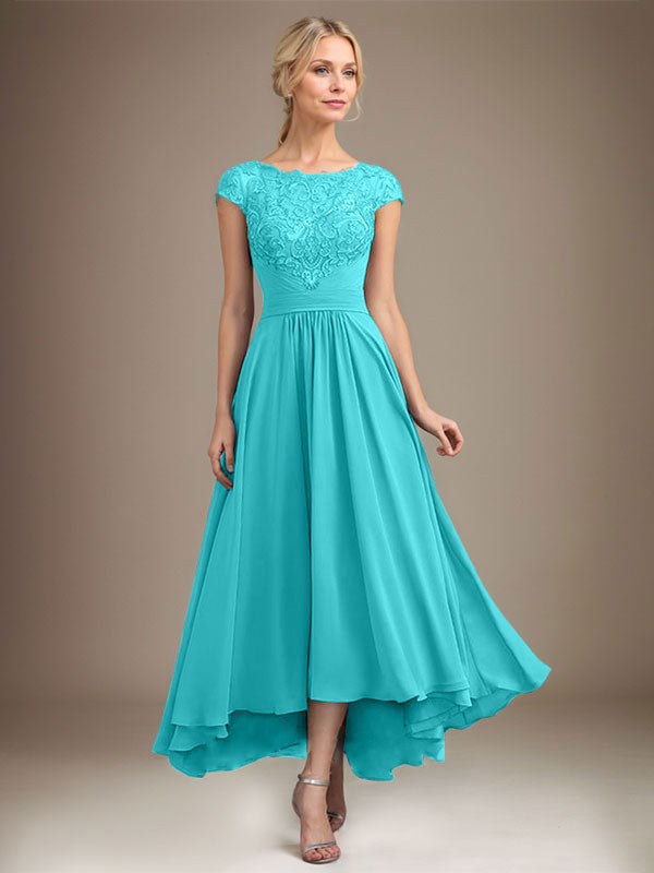 A-Line Scoop Neck Illusion Asymmetrical Lace Chiffon Mother of the Bride Dress with Pleats