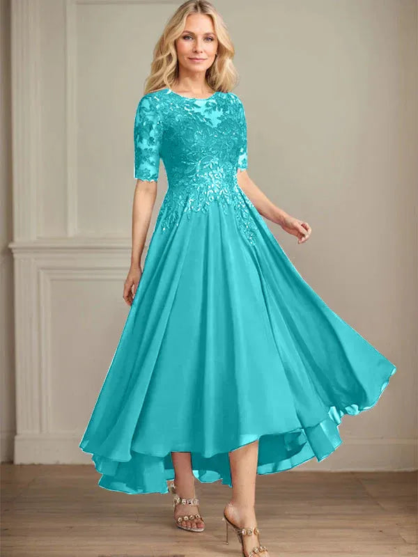 A-Line Scoop Neck Illusion Asymmetrical Chiffon and Lace Mother of the Bride Dress with Sequins