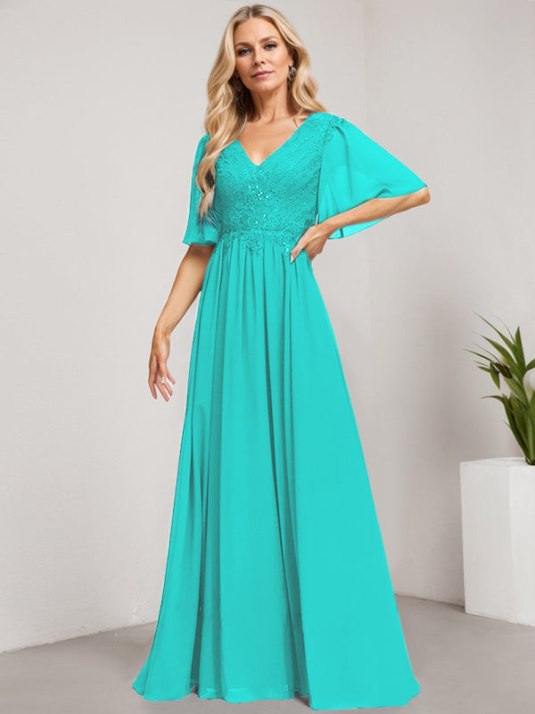 A-Line V-Neck Floor-Length Lace Chiffon Mother of the Bride Dress with Sequins