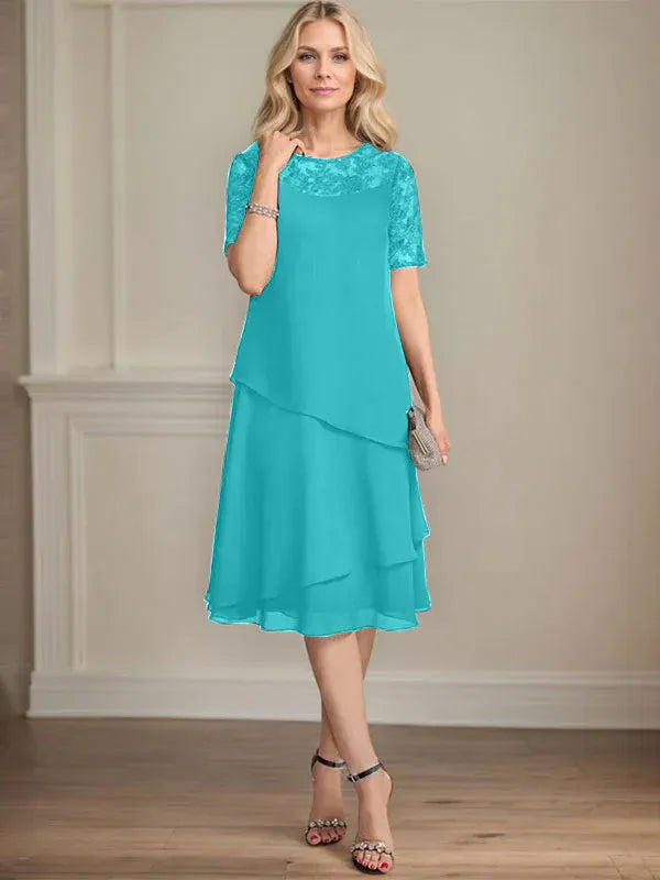 A-Line Scoop Neck Illusion Knee-Length Lace Chiffon Mother of the Bride Dress with Sequins