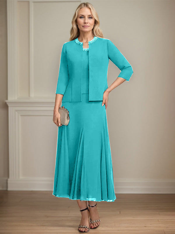 A-line Scoop Tea-Length Chiffon Mother of the Bride Dress with Sequins and Beading Separates