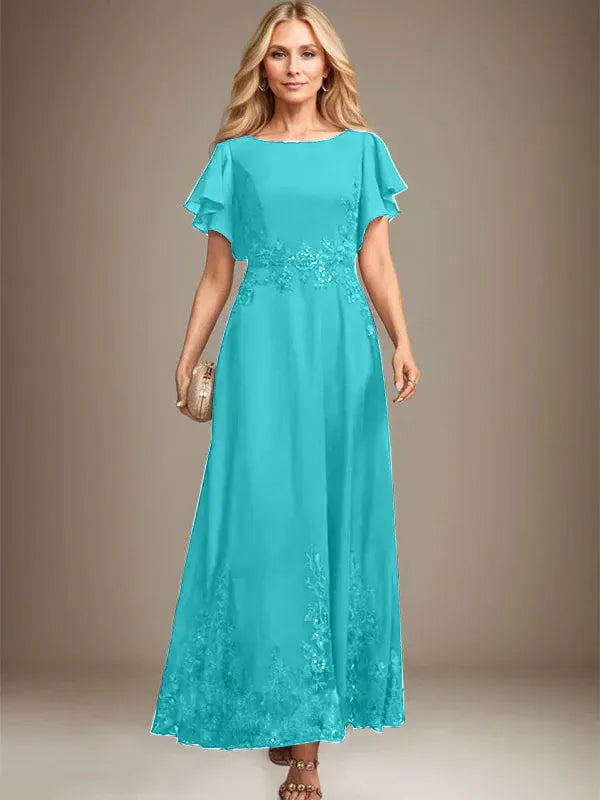 A-Line Scoop Neck Ankle-Length Lace and Chiffon Mother of the Bride Dress with Sequins
