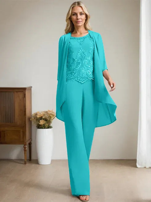 Floor-Length Chiffon Lace Mother of the Bride Jumpsuit/Pantsuit with Scoop Neck, Beading, and Sequins