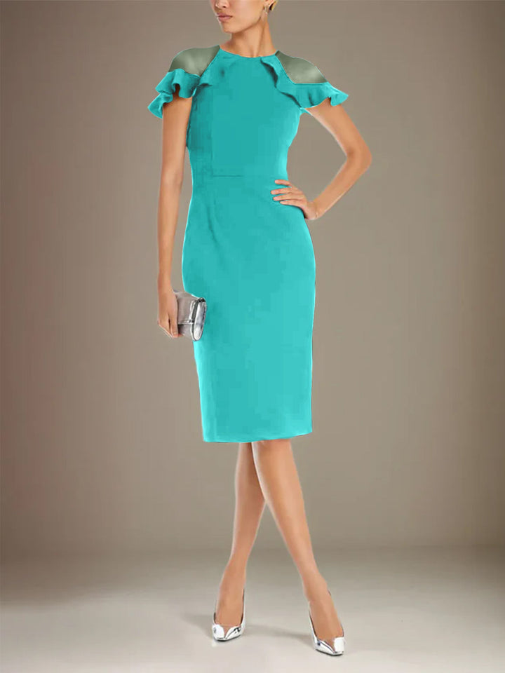 Sheath Dress with Column Stretch Crepe, Scoop Neck, Short Sleeves, Knee Length