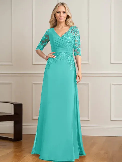 A-Line V-Neck Floor-Length Lace and Chiffon Mother of the Bride Dress with Pleated Sequins