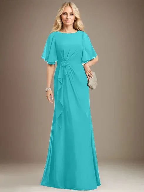 A-Line Scoop Floor-Length Chiffon Mother of the Bride Dress with Cascading Ruffles, Beading, and Sequins