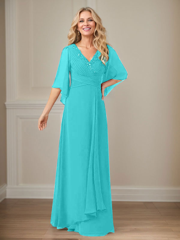 A-Line V-Neck Long Sequin Chiffon Mother of the Bride Dress