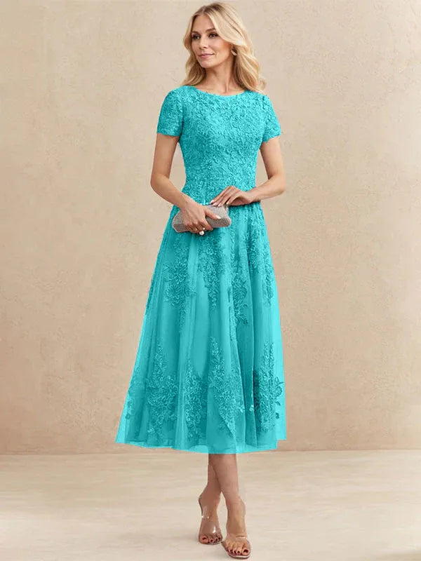 A-Line Scoop Neck Tea-Length Tulle Lace Mother of the Bride Dress
