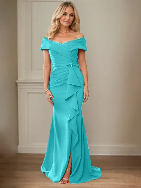 Floor-Length Lace and Chiffon Mother of the Bride Dress with Sheath/Column V-Neck Illusion and Pleated Sequins