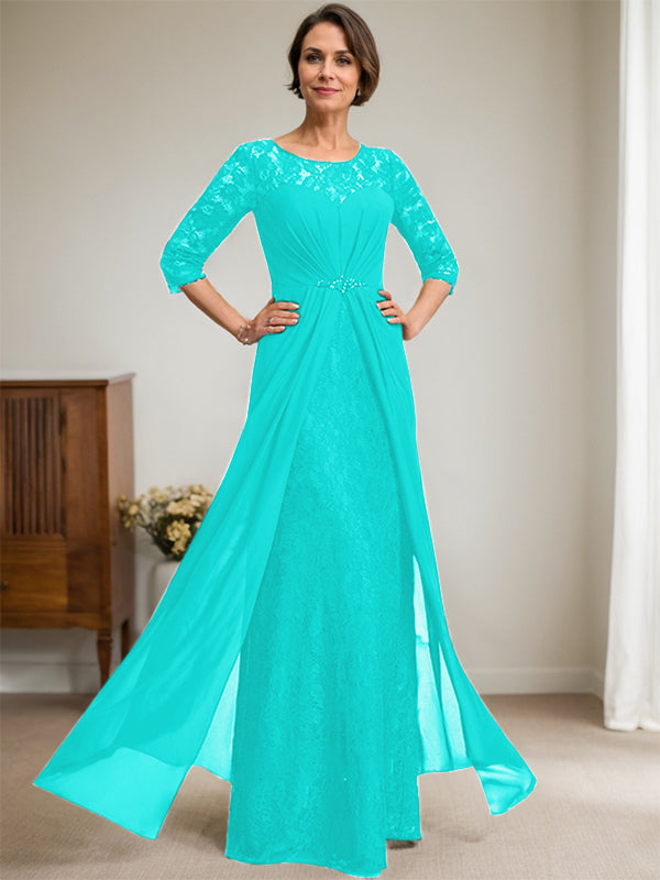 A-Line Scoop Neck Illusion Floor-Length Lace Chiffon Mother of the Bride Dress with Beaded Ruffles