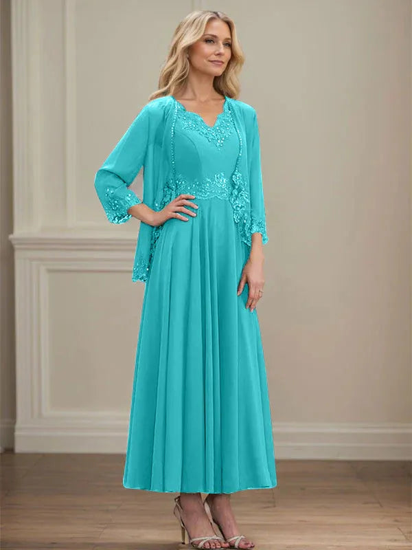A-Line V-Neck Chiffon Mother of the Bride Dress with Sequins, Appliques, Lace, and Beading at Ankle Length