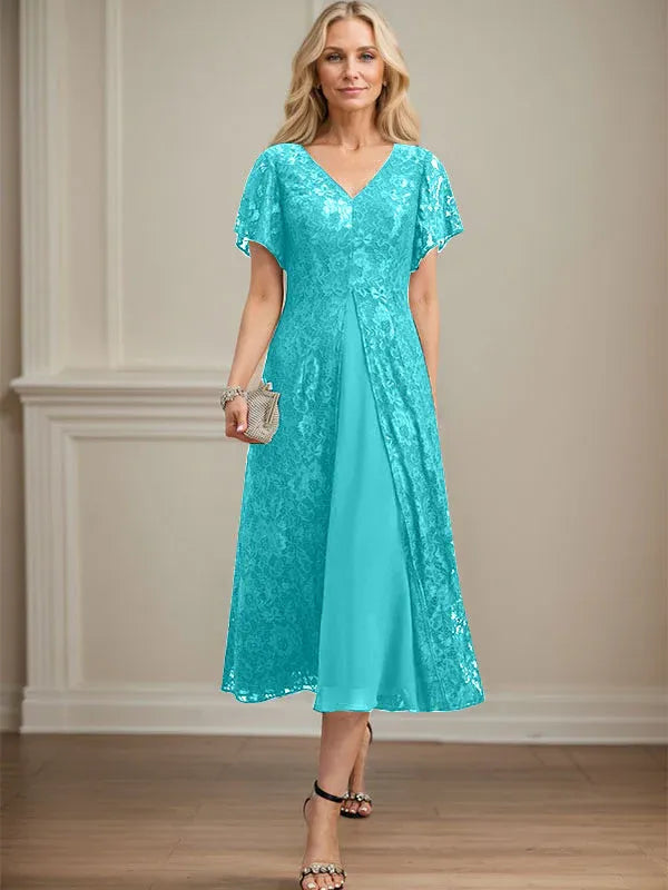 A-Line V-Neck Tea-Length Lace Chiffon Mother of the Bride Dress